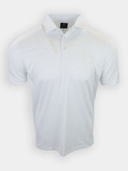 A white short-sleeve polo shirt with a subtle patterned design is displayed against a plain background.