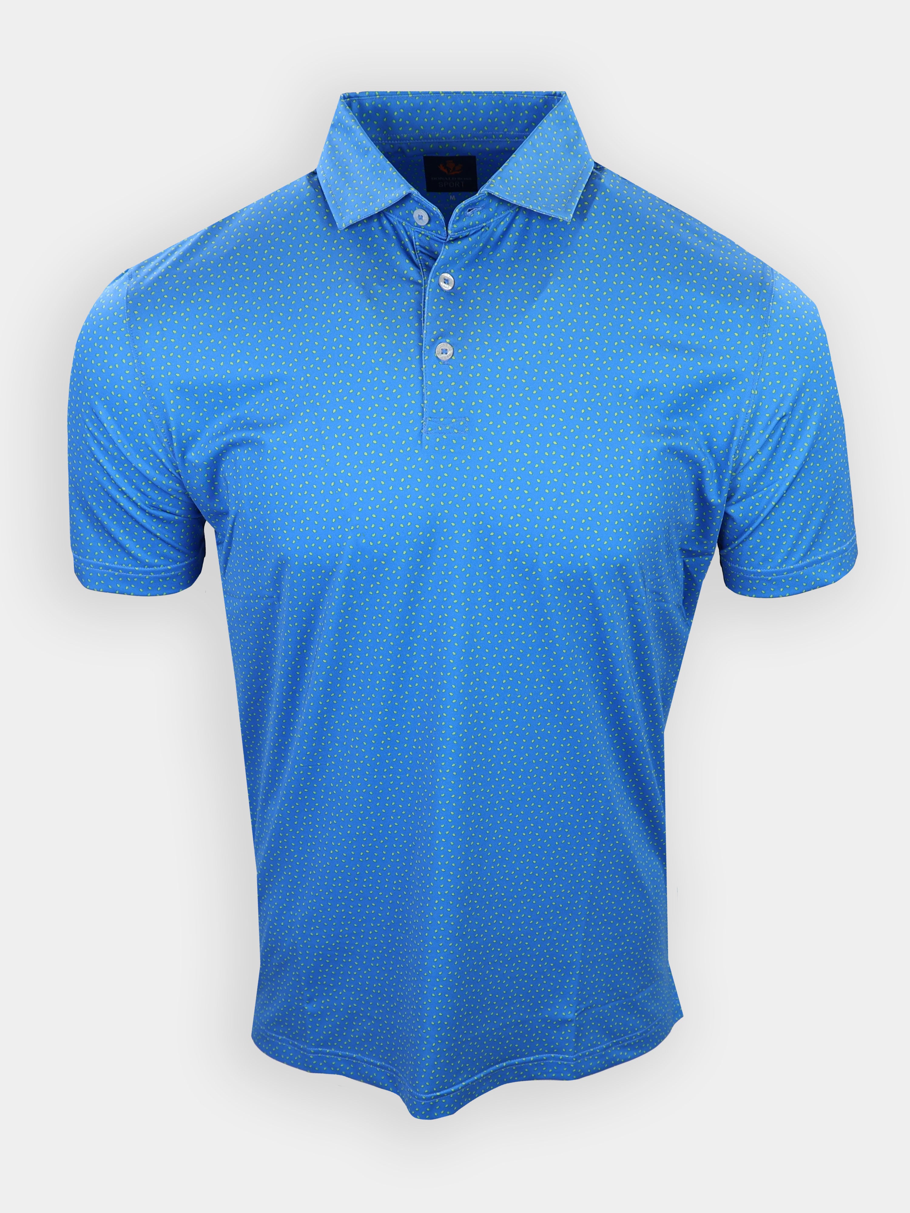 A blue polo shirt with a dotted pattern is displayed against a plain white background.
