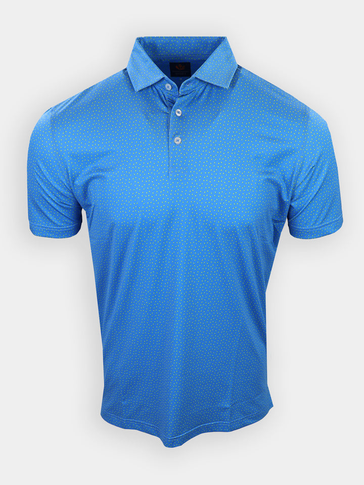 A blue polo shirt with a dotted pattern is displayed against a plain white background.