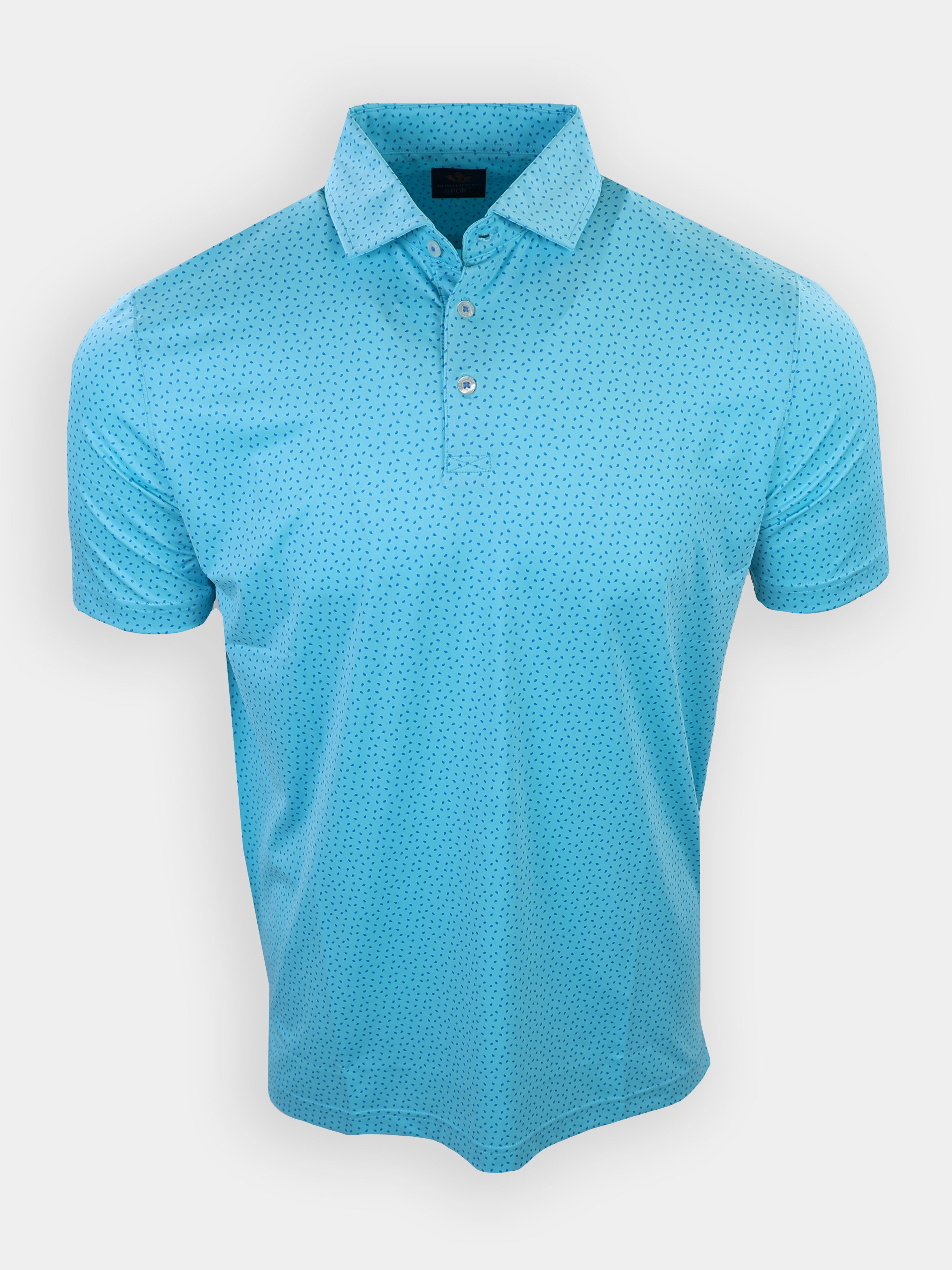 Light blue polo shirt with a patterned design, displayed against a neutral background.