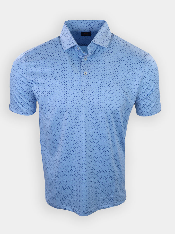 Light blue short-sleeved polo shirt with a dotted pattern and a buttoned collar.