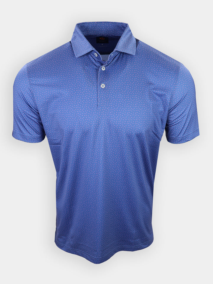 A blue polo shirt with a dotted pattern is displayed against a white background.