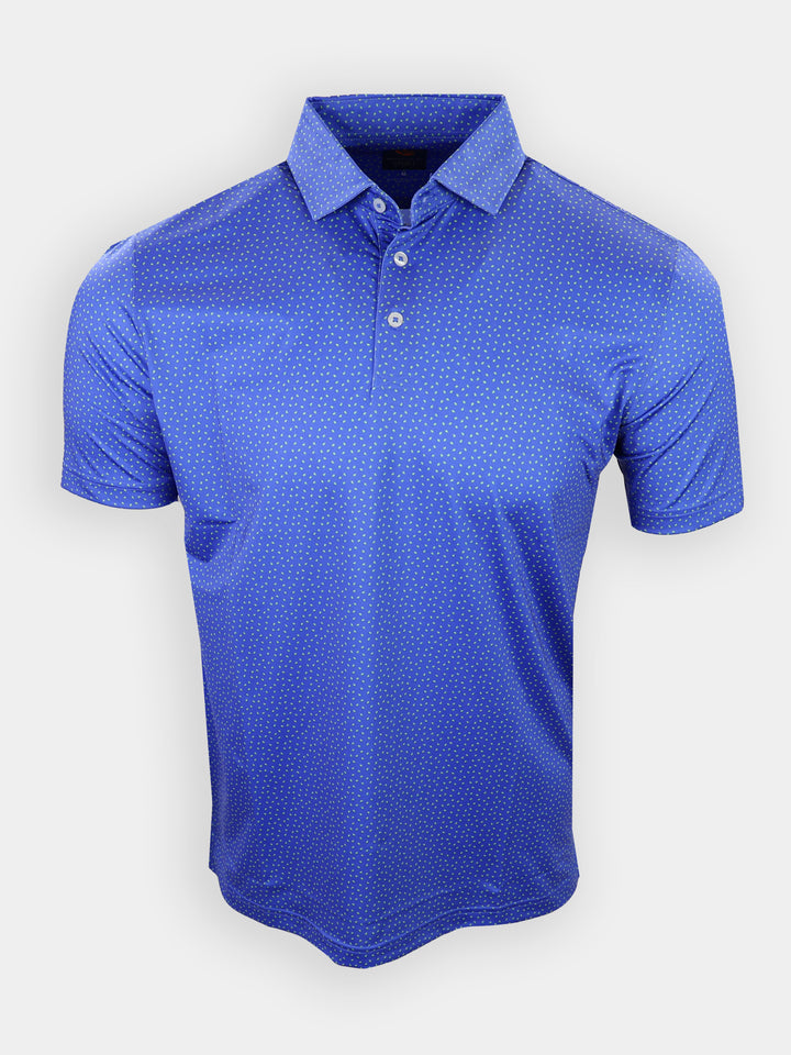 Blue polo shirt with a collar, featuring a dotted pattern and short sleeves.