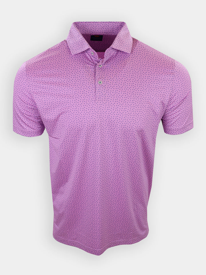 Purple polo shirt with a buttoned collar and a dotted pattern displayed against a neutral background.