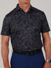 Front view of the black Jacques performance golf polo featuring a tonal lace floral print and two-button placket.