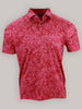 Red polo shirt featuring a subtle white floral pattern. The shirt has a classic collar and two buttons, exuding a casual yet refined style.