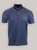 Navy blue polo shirt with a black collar and a subtle geometric pattern. Short sleeves and three-button placket; casual and stylish look.