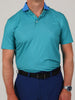 Curtis argyle print with solid knit collar, a garment featuring a blue and green checkered shirt