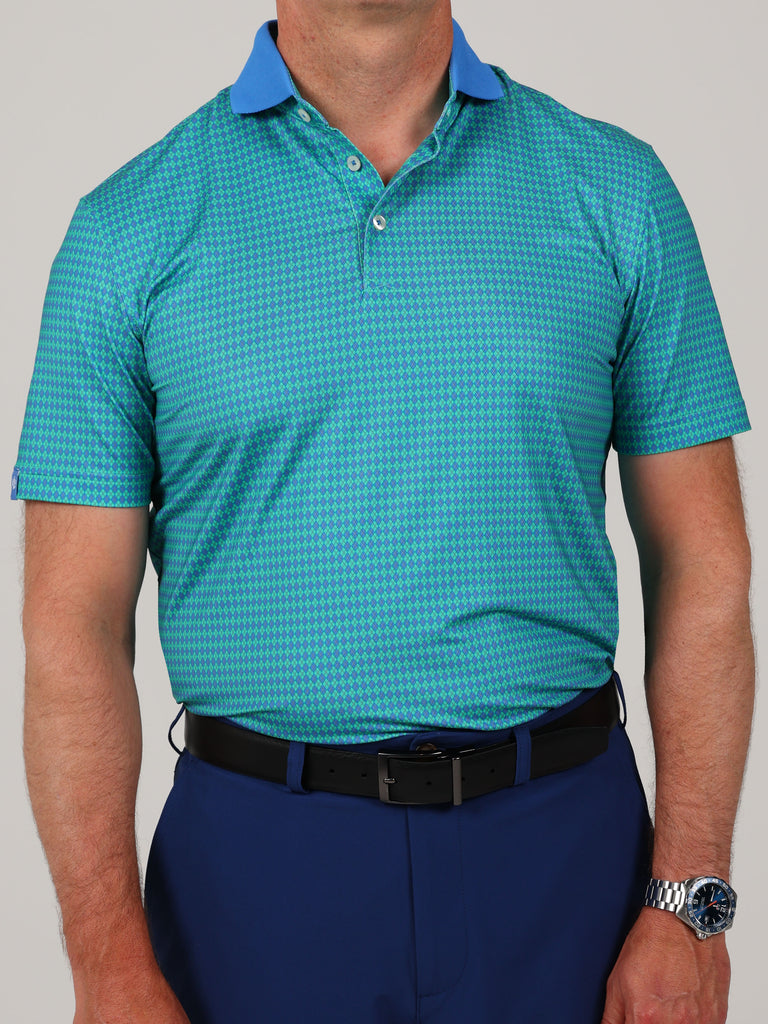 Curtis argyle print with solid knit collar, a garment featuring a blue and green checkered shirt