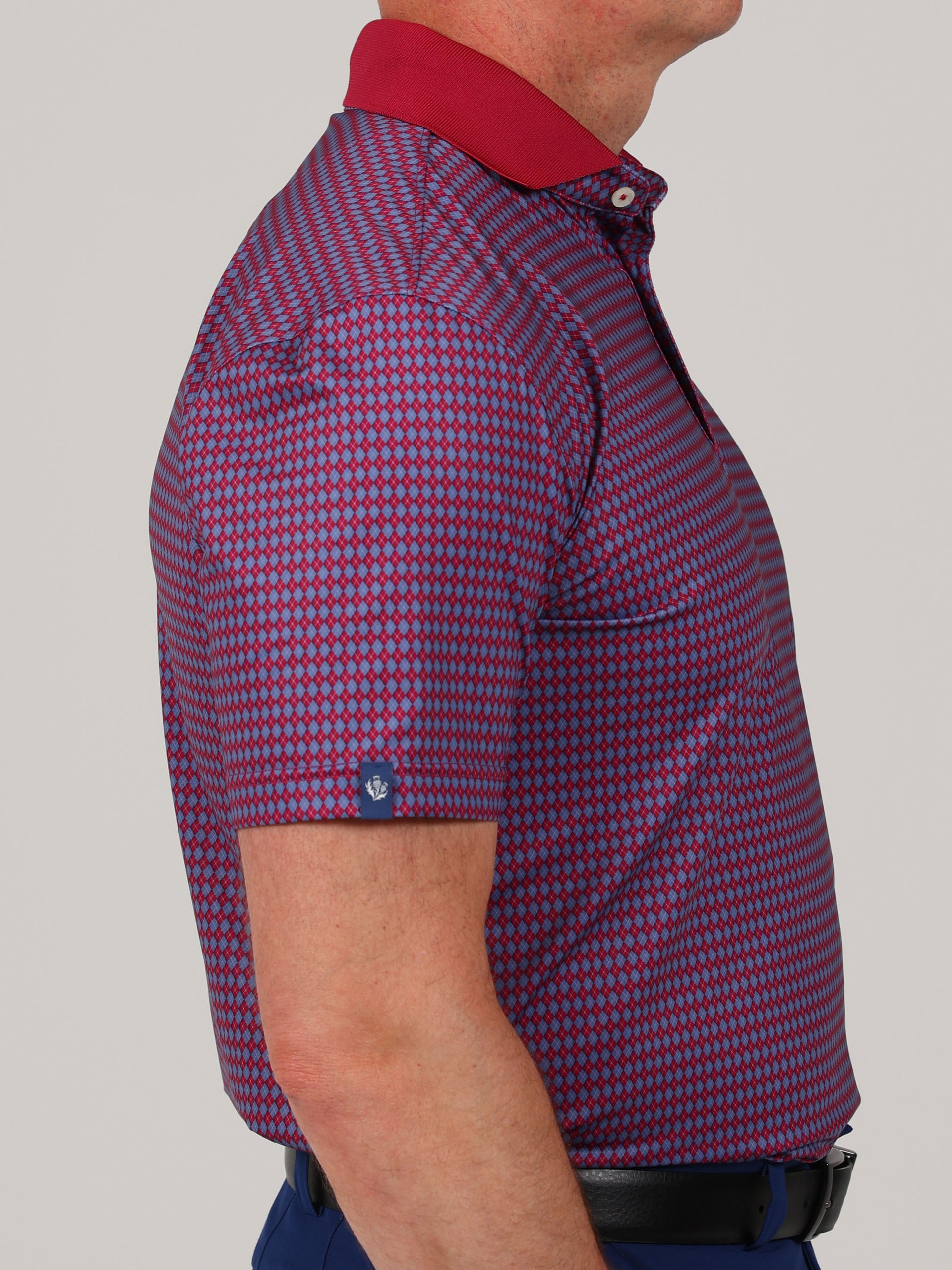 Curtis argyle print with solid knit collar, a garment featuring red and blue