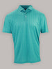 A short-sleeved teal polo shirt with a subtle floral pattern is displayed against a gray background.