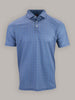 Short-sleeve polo shirt in blue with a patterned design featuring small colorful motifs.
