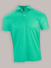 A bright turquoise polo shirt with short sleeves and a three-button placket. The shirt is displayed against a neutral gray background, conveying a casual yet stylish tone.