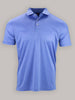 A light blue polo shirt with a subtle geometric pattern, featuring a collar and three buttons, displayed on a plain gray background.