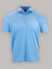 Light blue polo shirt against a beige background. The shirt features a folded collar, short sleeves, and two buttons, evoking a casual and relaxed style.