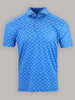 Blue polo shirt with a subtle pattern of small, white sharks. The short-sleeve shirt features a collared neckline and three buttons, conveying a casual yet stylish tone.