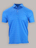 A vibrant blue polo shirt with a subtle, intricate white football collage print, short sleeves, and a buttoned collar, displayed against a plain background.