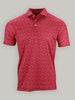 Red polo shirt with a subtle white football inspired pattern, featuring a folded collar and two buttons. The shirt has a casual yet stylish appearance.