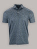 Blue and black camoflauge patterned short-sleeve polo shirt against a gray background. The shirt has two buttons and a collar, conveying a casual style.