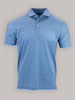 A light blue polo shirt featuring a subtle, intricate camoflauge pattern in yellow and white. The shirt has a classic collar and three buttons, exuding a casual, stylish vibe.