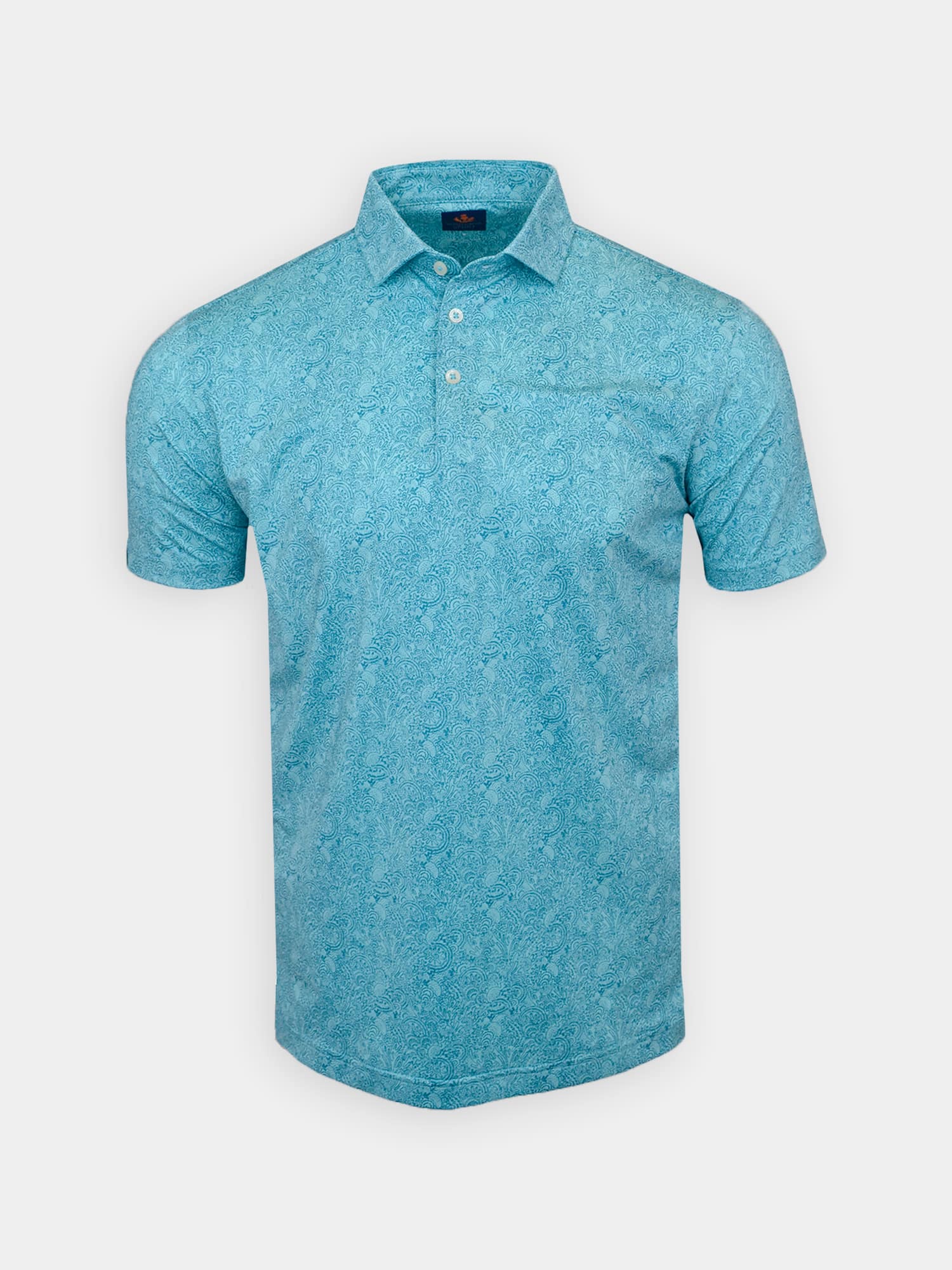 Light blue polo shirt with subtle paisley patterns, featuring a buttoned collar