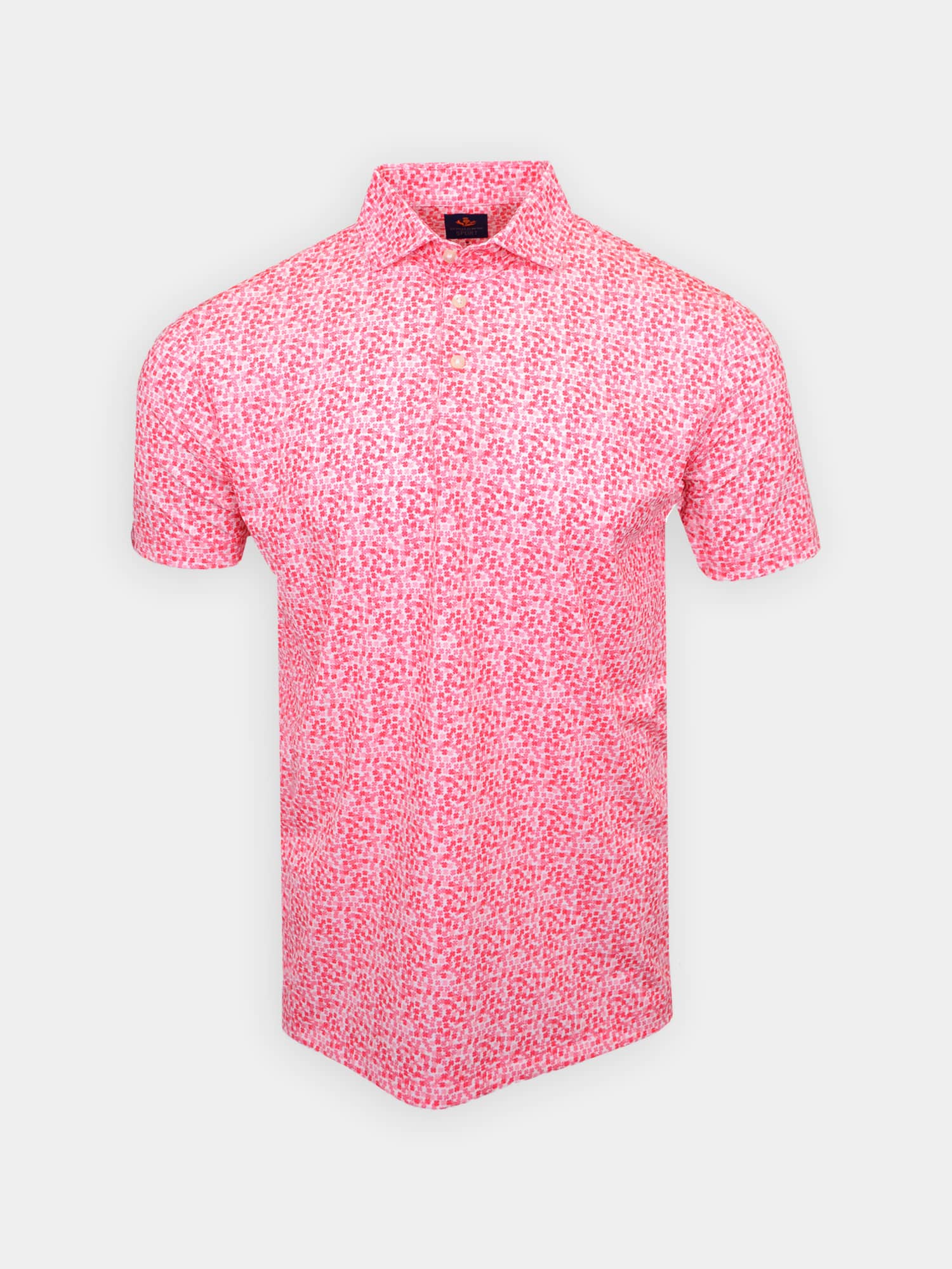 Red and white patterned short-sleeve polo shirt on a plain background, featuring a classic collar and buttons