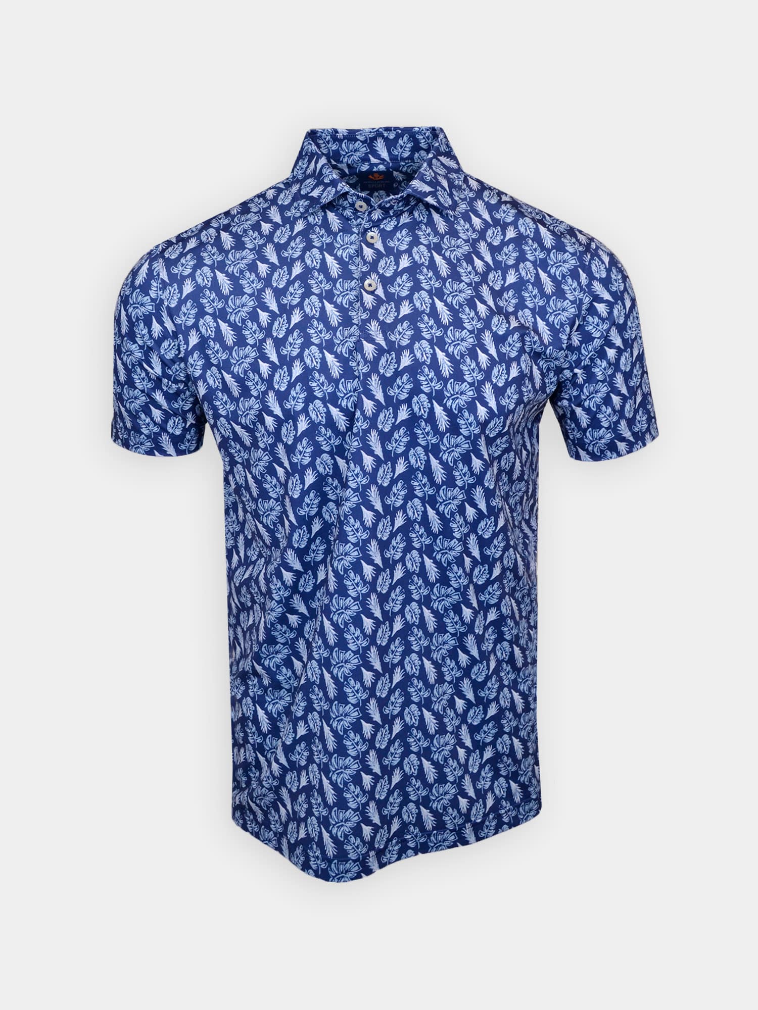 Blue short-sleeve shirt with a white leaf pattern, featuring a button-up front and a collar