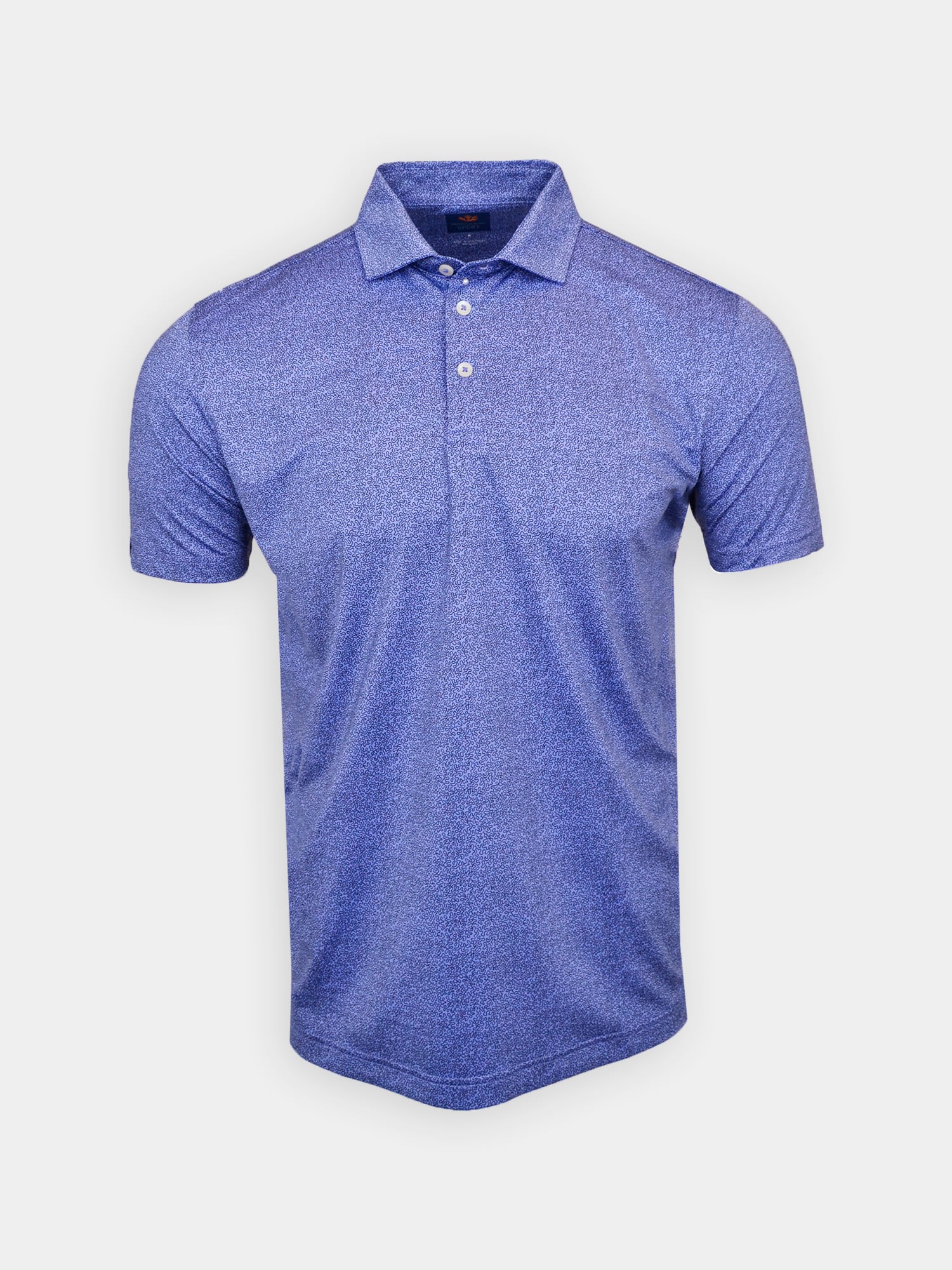 Blue short-sleeve polo shirt with a subtle textured pattern, featuring a collar and three buttons down the front