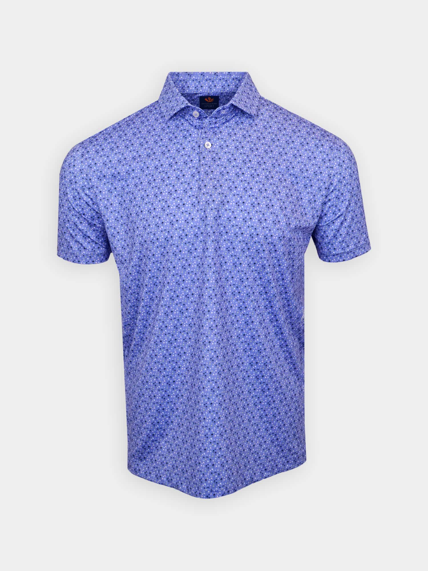 Blue short-sleeve collared shirt with a subtle island inspired pattern on a white background