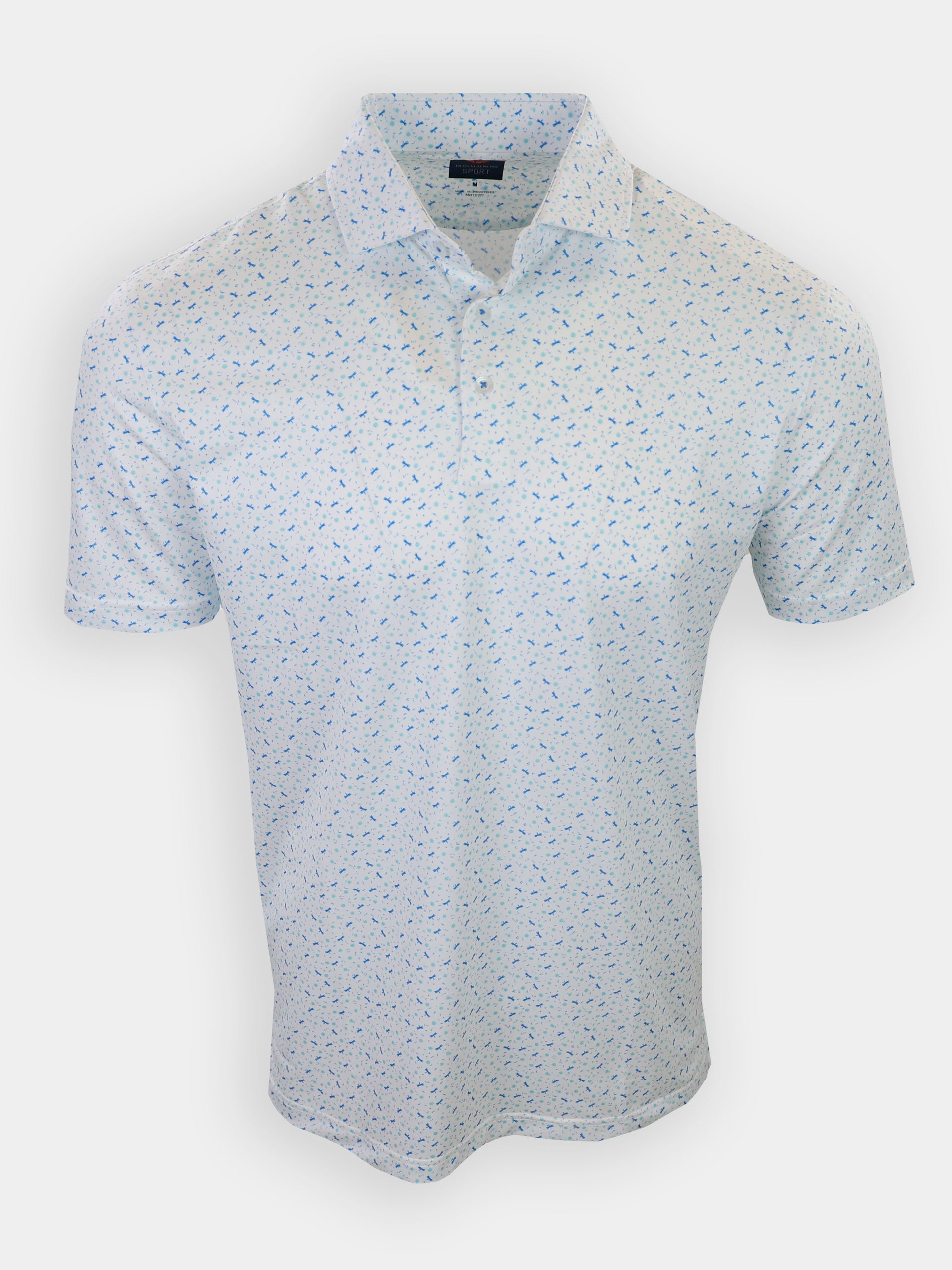 A white polo shirt with a blue and light blue pattern is displayed front-facing.