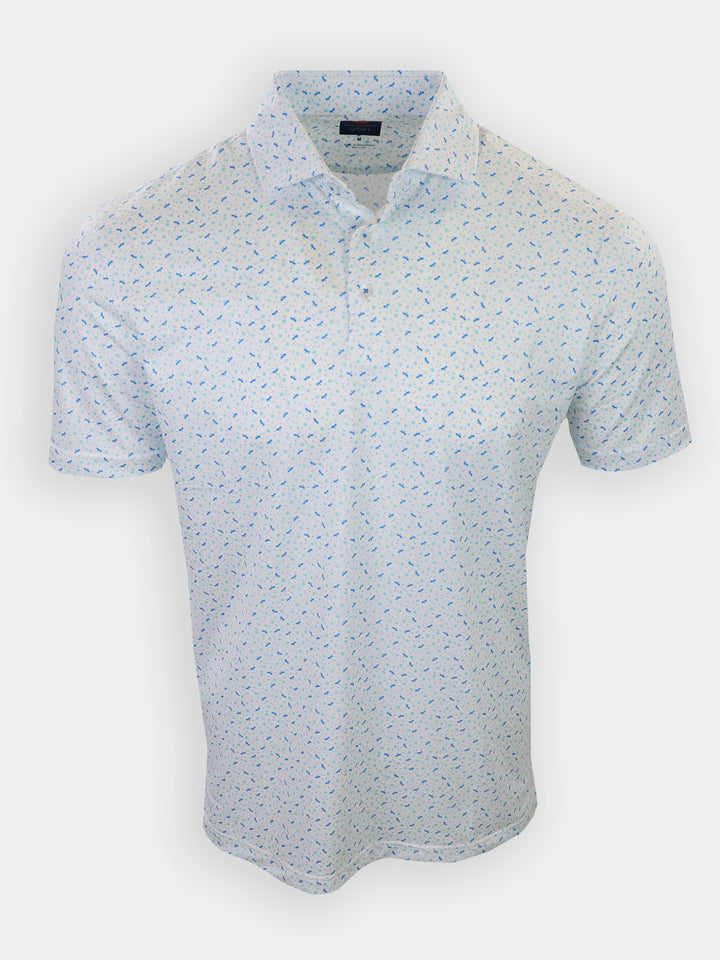A white polo shirt with a blue and light blue pattern is displayed front-facing.