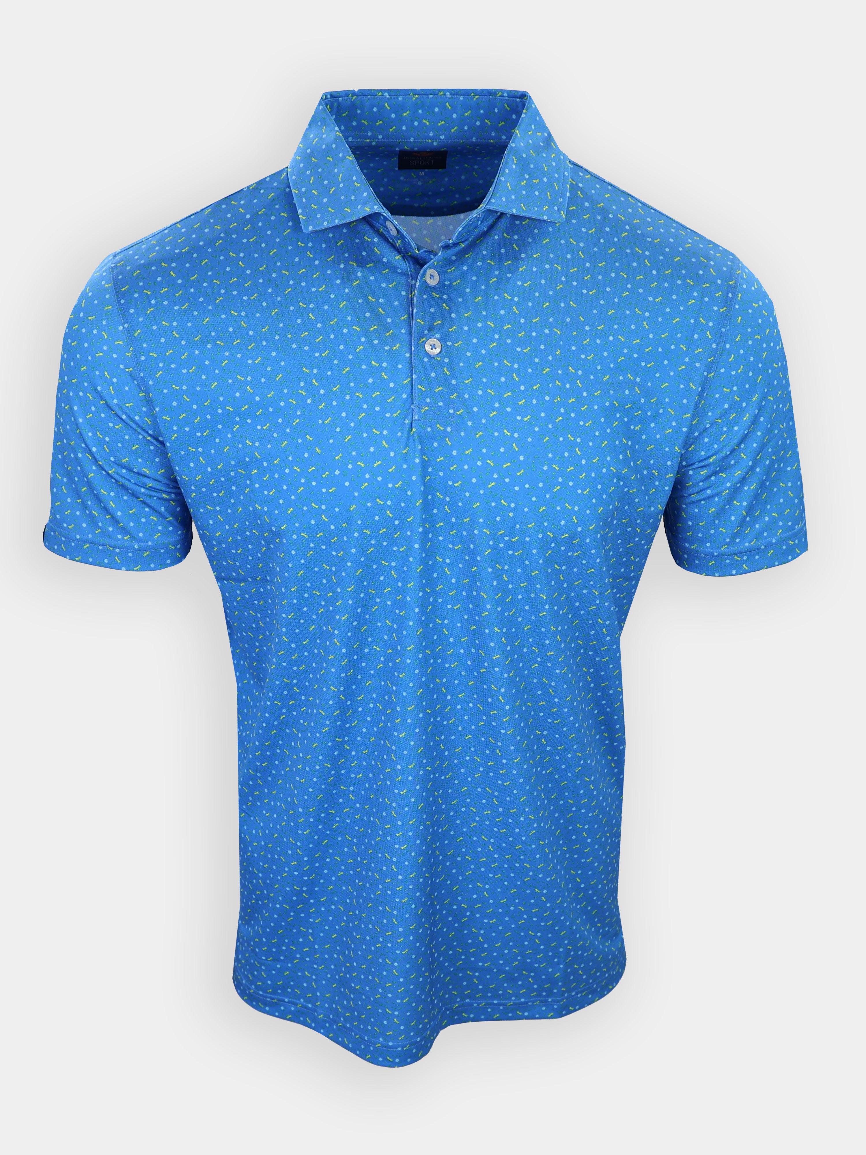 Blue polo shirt with a pattern of small yellow shapes, displayed flat against a white background.