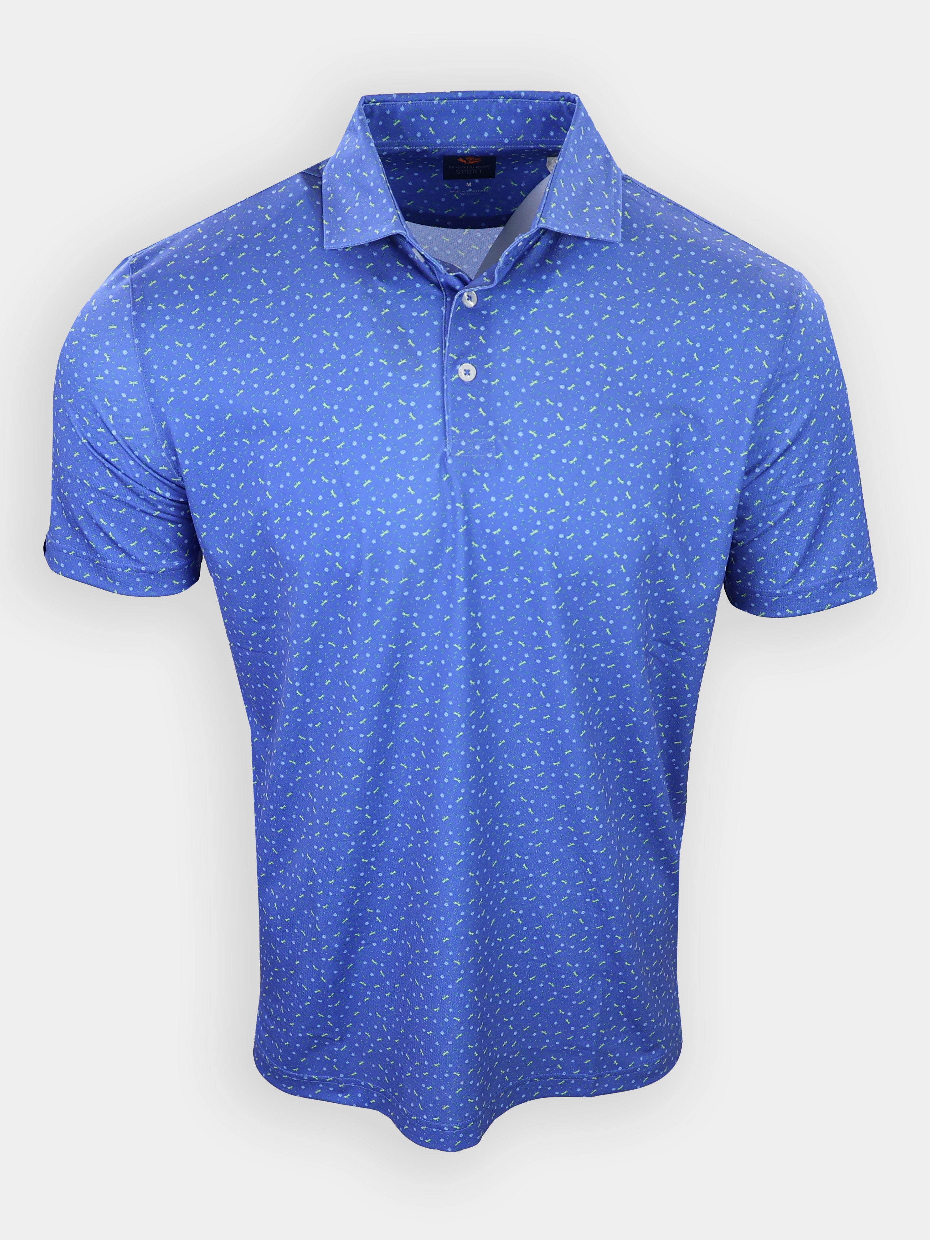A blue polo shirt with a subtle pattern of small, light-colored shapes is displayed against a white background.