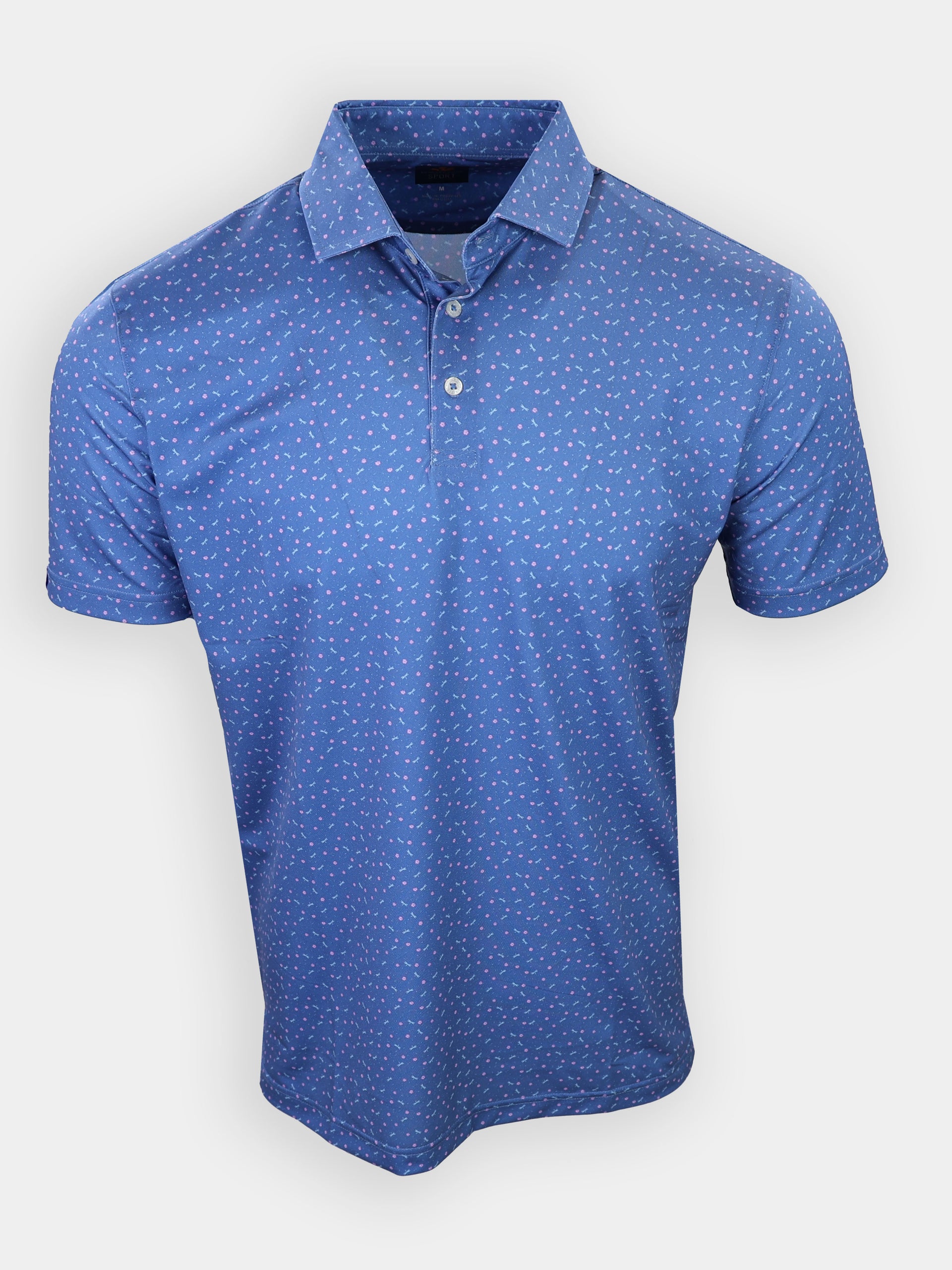 Short-sleeved blue polo shirt with a patterned design featuring small pink and white dots.