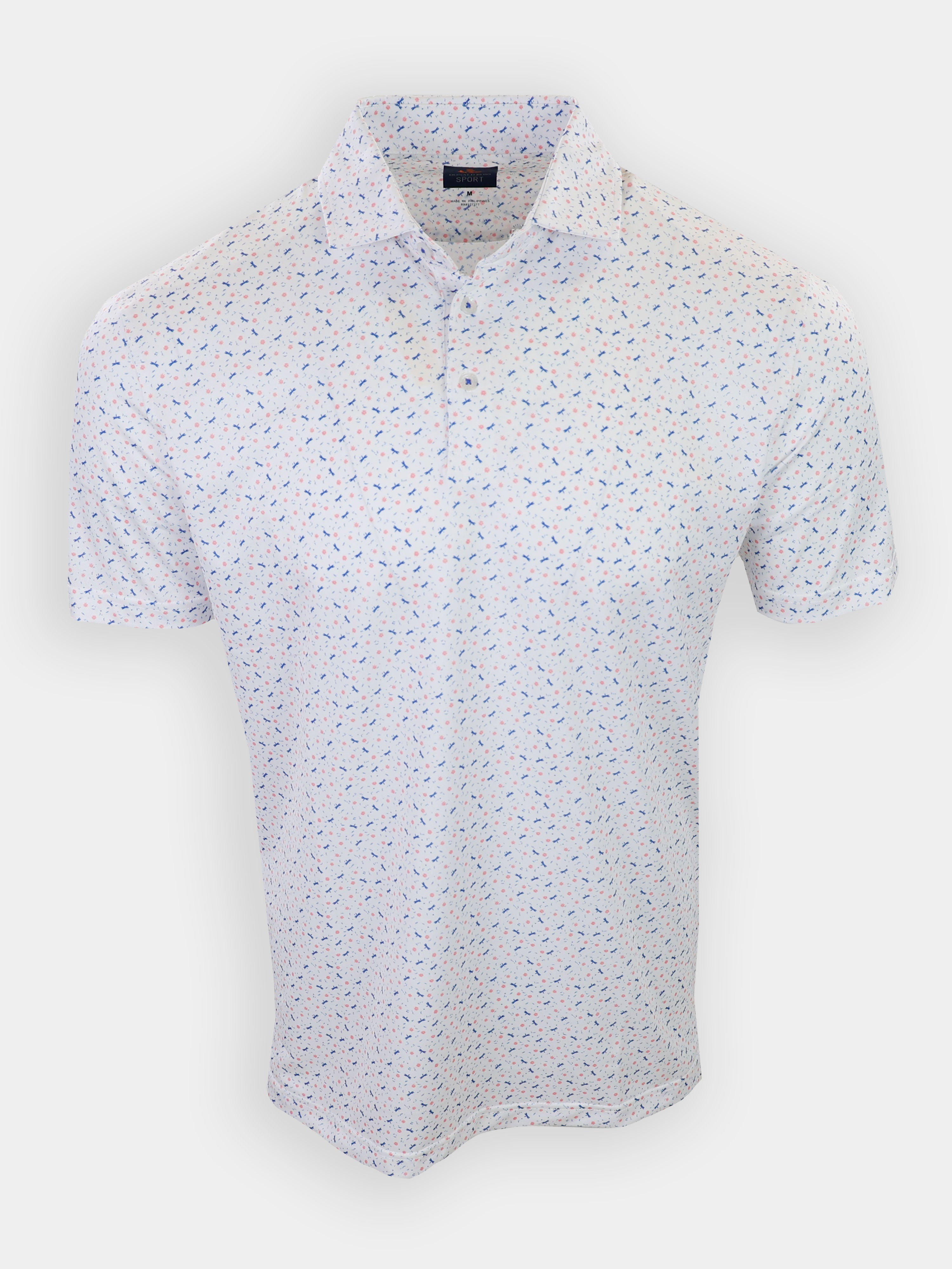 Short-sleeved, collared shirt featuring a light background with a colorful, scattered pattern.