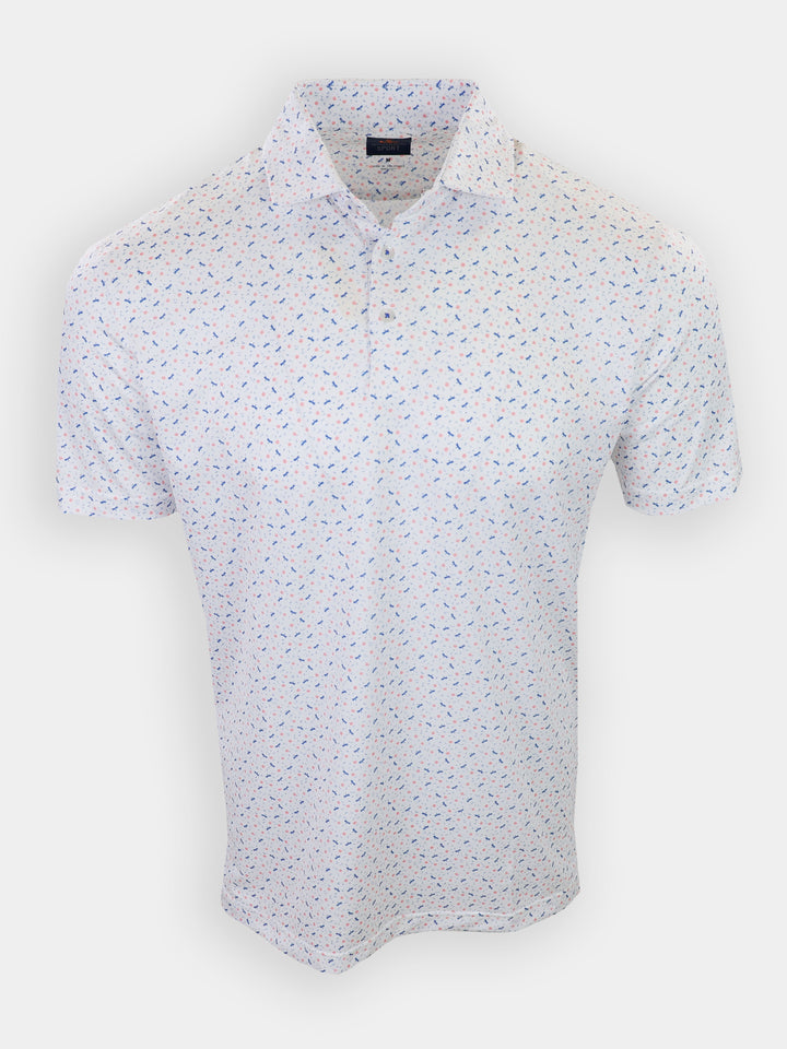 Short-sleeved, collared shirt featuring a light background with a colorful, scattered pattern.