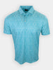 Light blue polo shirt with a leafy pattern displayed against a white background.