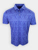 Short-sleeved polo shirt with a blue leaf pattern displayed against a white background.