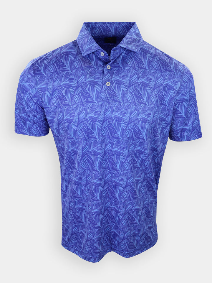 Short-sleeved polo shirt with a blue leaf pattern displayed against a white background.