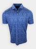 Short-sleeved blue shirt featuring a leaf pattern, displayed upright against a neutral background.