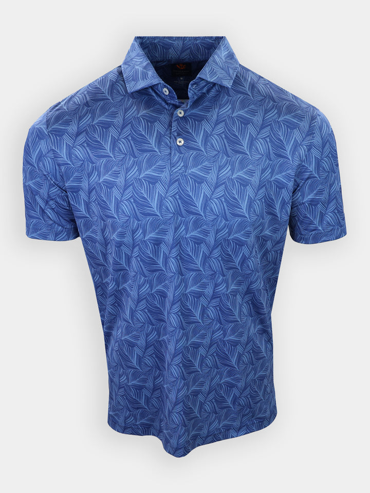 Short-sleeved blue shirt featuring a leaf pattern, displayed upright against a neutral background.