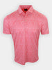 Short-sleeved, pink polo shirt with a leaf pattern is displayed on a plain background.