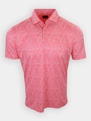 Short-sleeved, pink polo shirt with a leaf pattern is displayed on a plain background.