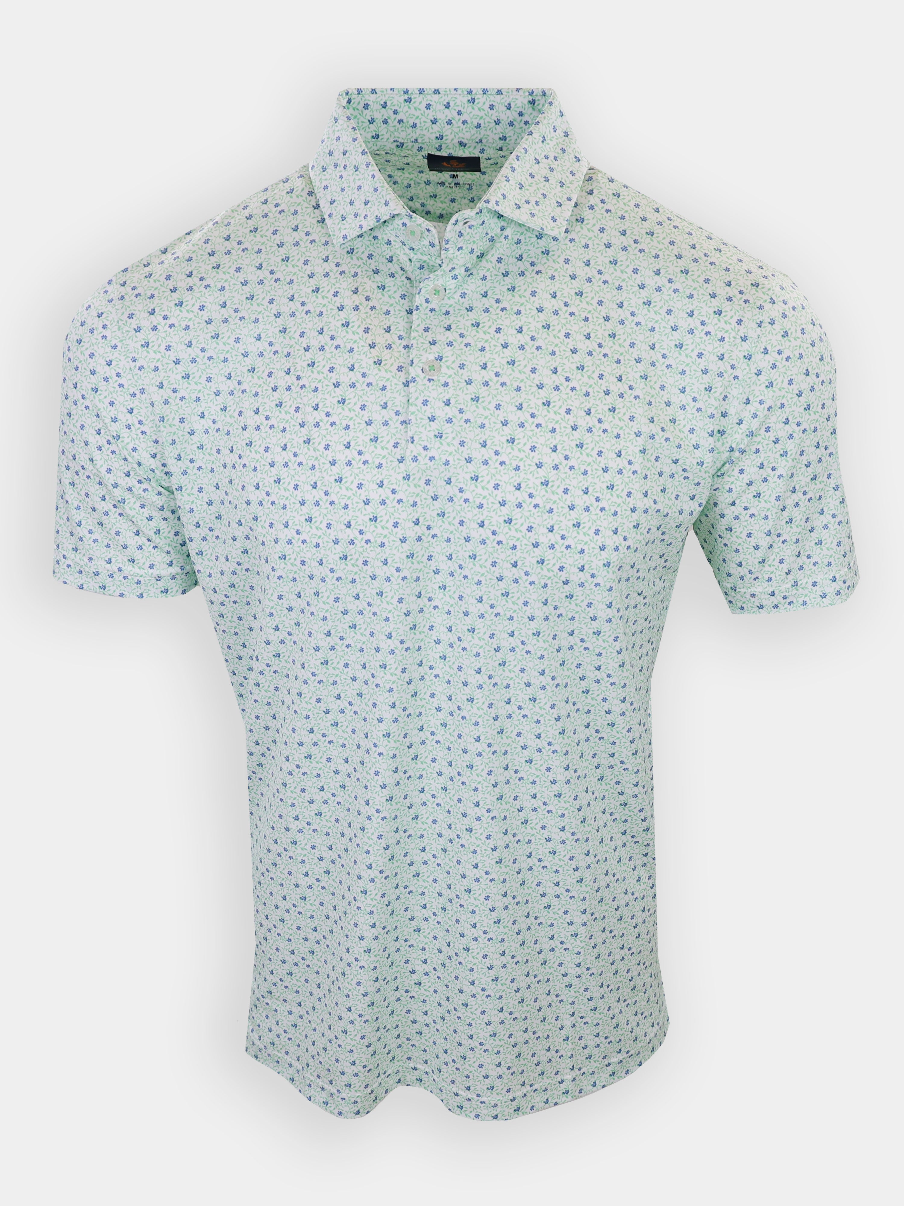 Short-sleeved, light green polo shirt with a floral pattern.