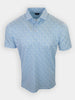 Short-sleeved, light blue polo shirt with a floral pattern is displayed front-facing.