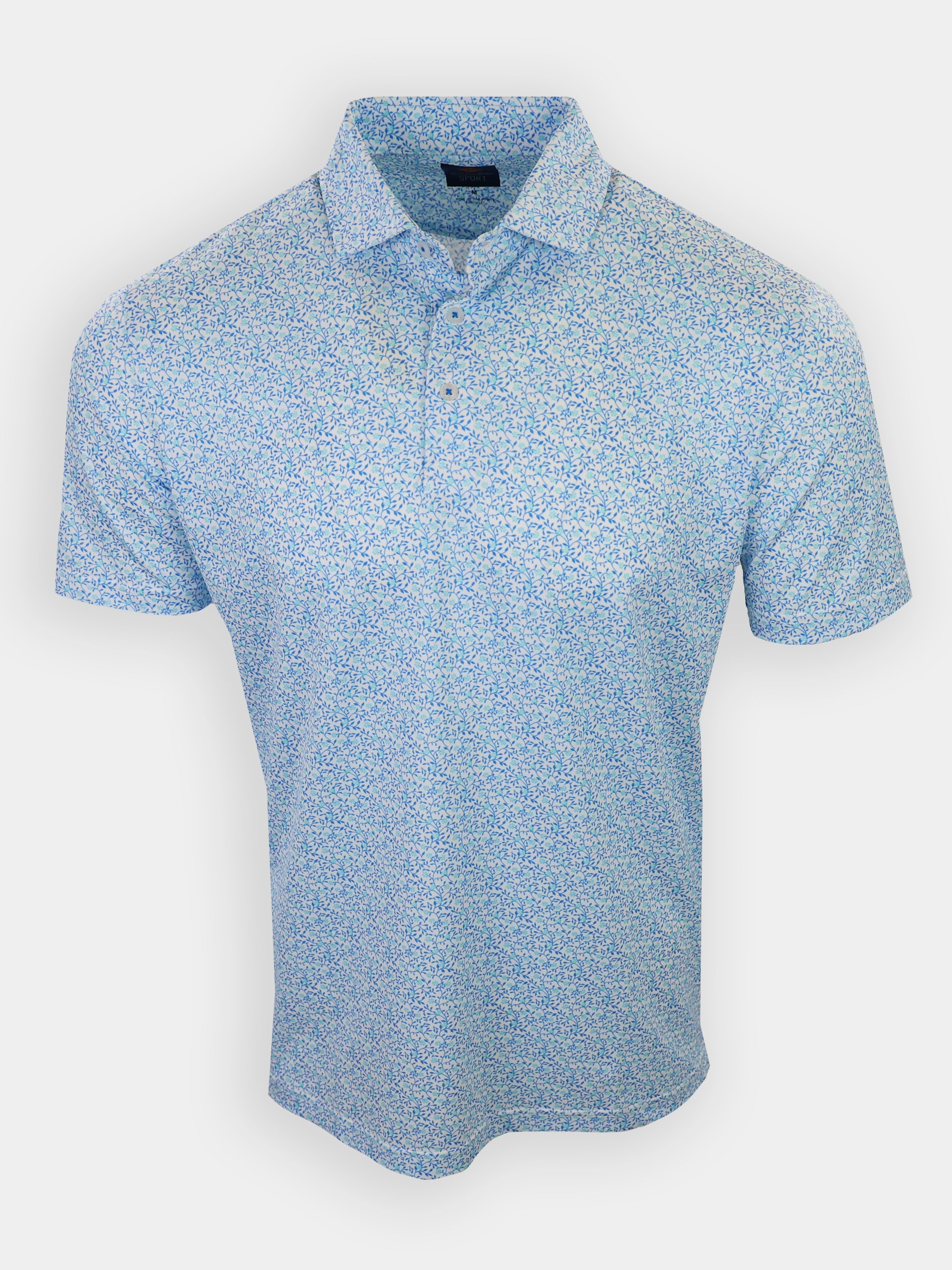 Short-sleeved, light blue polo shirt with a floral pattern is displayed front-facing.