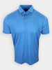 Short-sleeved blue polo shirt with a patterned design and two buttons at the collar.