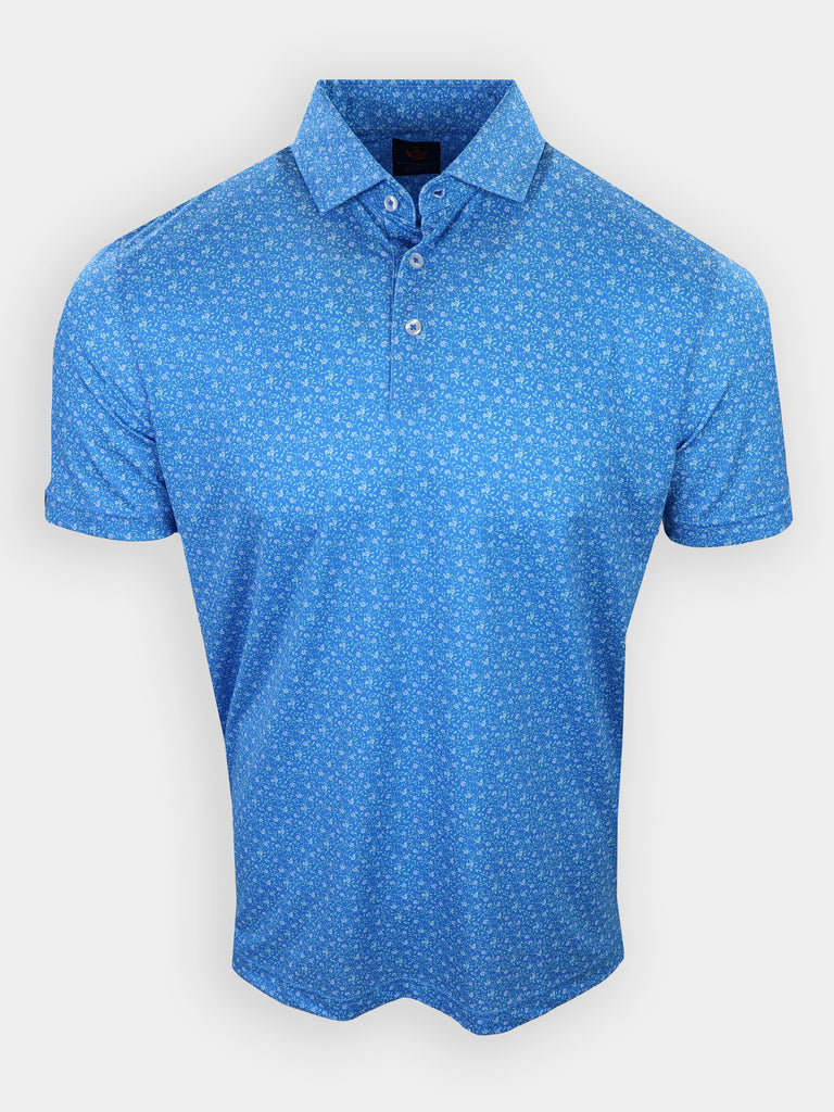 Short-sleeved blue polo shirt with a patterned design and two buttons at the collar.