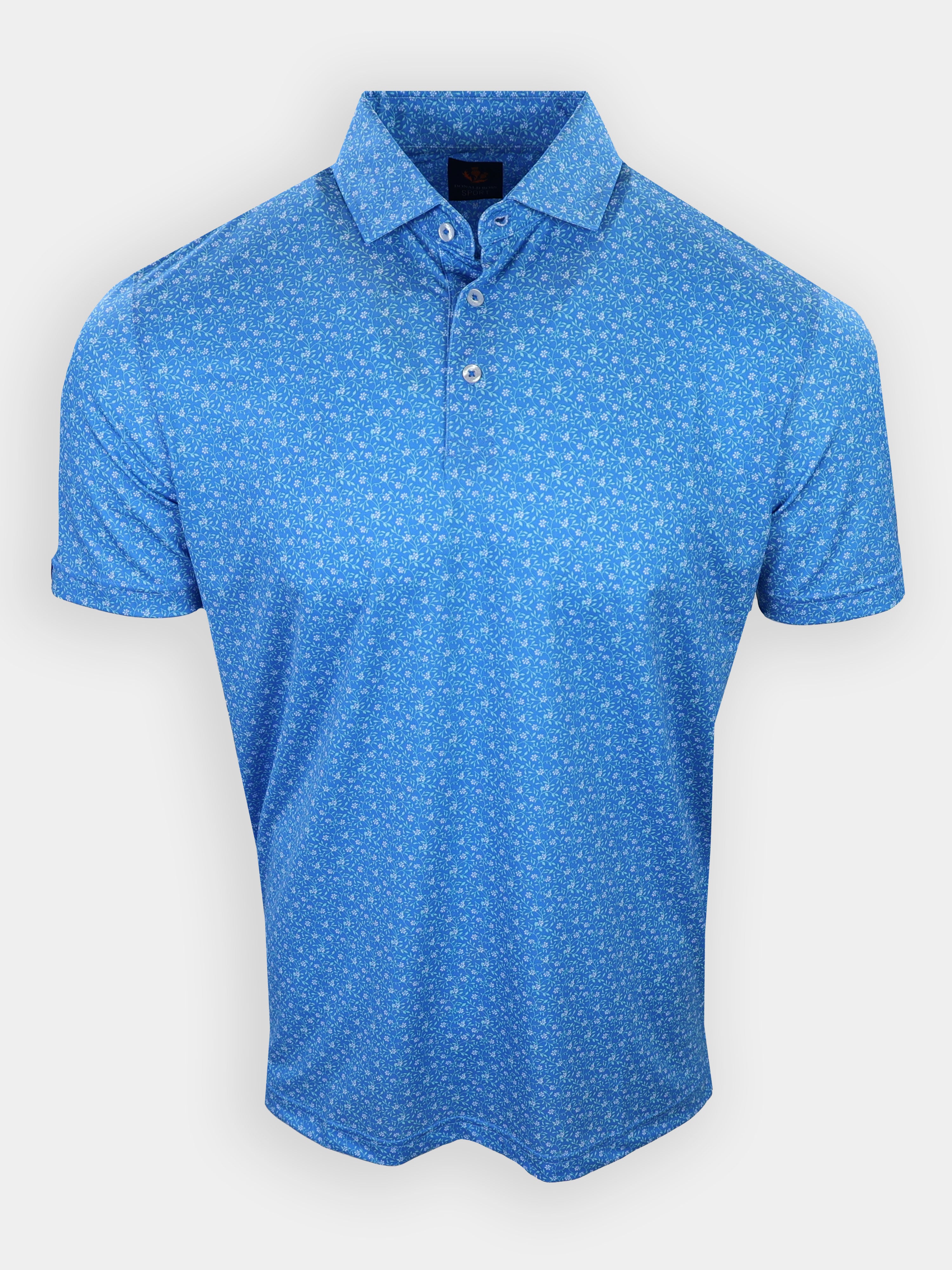 Short-sleeved blue polo shirt with a patterned design and two buttons at the collar.