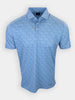 Short-sleeve polo shirt with a blue floral pattern and a buttoned collar.